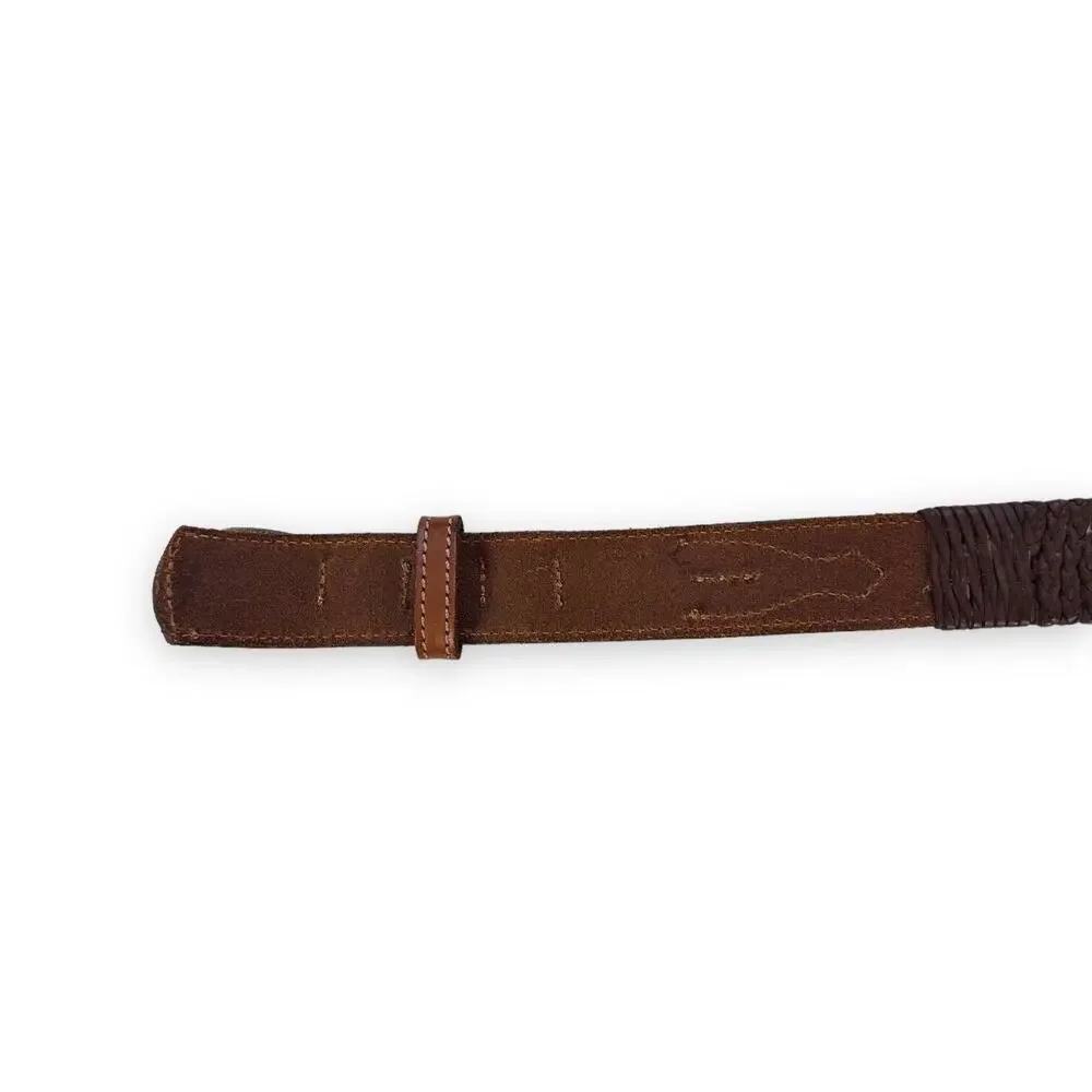 Unisex Western Belt Sz S/M 3D Brown Leather Silver Buckle Braided Details